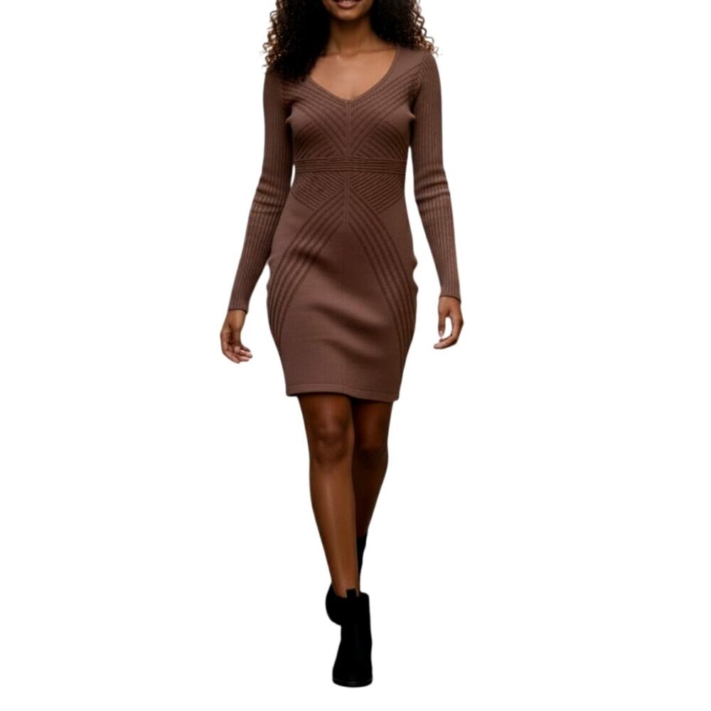 HERA Collection Women's Small Brown Long Sleeve Round Neck Bodycon Dress